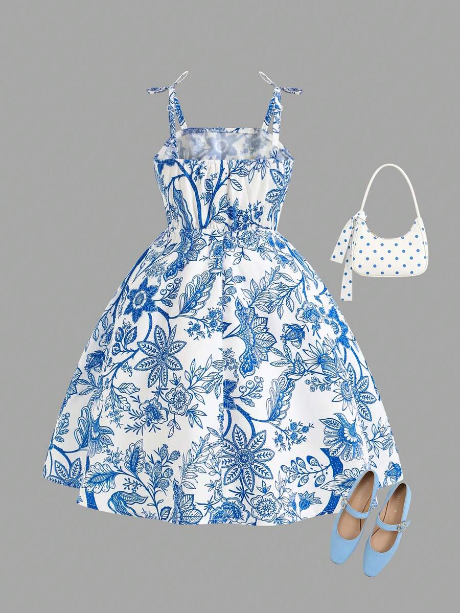 Vestido sin tirantes de estilo retro con falda acampanada, en azul y blanco, estilo chino azul y blanco, para niña en verano - Azul y blanco - Ver 1