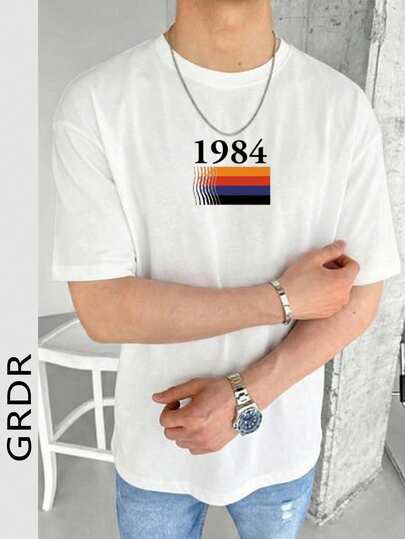 GRDR 男士复古文化元素印花圆领短袖T恤，休闲&