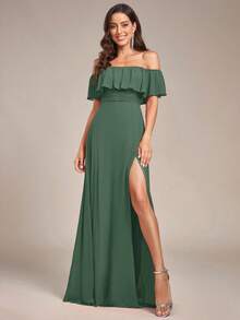 Elegant Off Shoulder Ruffle Hem High Slit Bridesmaid Dress - Olive Green - View 5