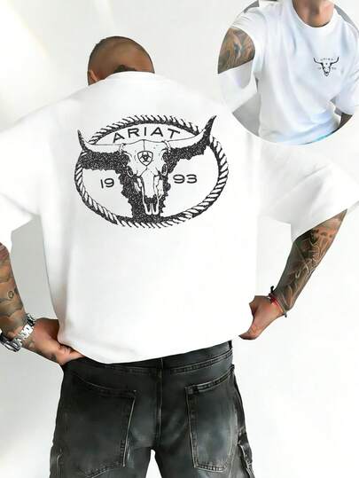 Men's Casual T-Shirt With Short Sleeves T-Shirt ARIAT 1993 Bull's-Bone Printing Bullet Breathable Sweat-Absorbent Fabric Lazy Leisure  Avant-Garde Wind Everyday Joker Street Home Jacket