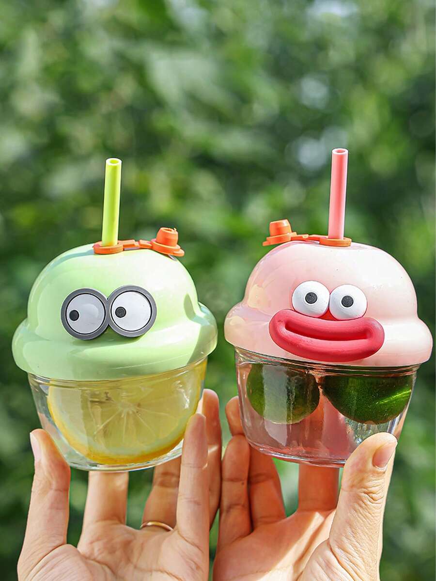 210毫升可爱卡通吸管杯,带盖和吸管 | 玻璃材质,可重复使用,香肠嘴造型,眼睛图案,适合盛装冷热饮品,如咖啡、葡萄酒、果汁、奶昔、珍珠奶茶等,生日礼物,极具美感,派对饮具,情人节礼物,新年礼物,精致创意礼品,斋月礼物 - 彩色 - 查看 1