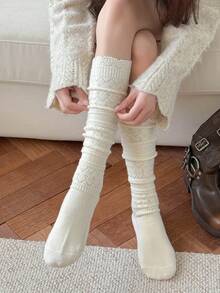 1双镂空羊毛混纺腿套，针织多层中筒袜，甜美百搭的白色秋冬袜 - 白色 - 查看 4