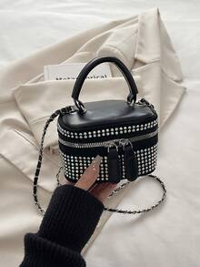 轻便迷你链条肩带绗缝水桶包，适合青少年、大学生和职业女性，是办公室、学校、工作、通勤、户外活动和旅行的理想之选，饰有水钻，质感面料。 - 黑色 - 查看 11