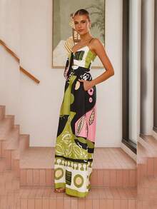 树叶印花露背系带前口袋连体裤，适合夏季度假 - 綠色 - 查看 4