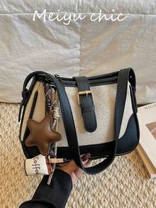 حقيبة كتف نسائية جديدة عصرية بتصميم ألوان متباينة، تتميز بتعليقة قابلة للإزالة بشكل فنجان قهوة. الحزام قابل للتعديل، مصمم بشكل هلالي، ويأتي مع سحاب معدني ناعم. - الأسود - مشاهدة 10