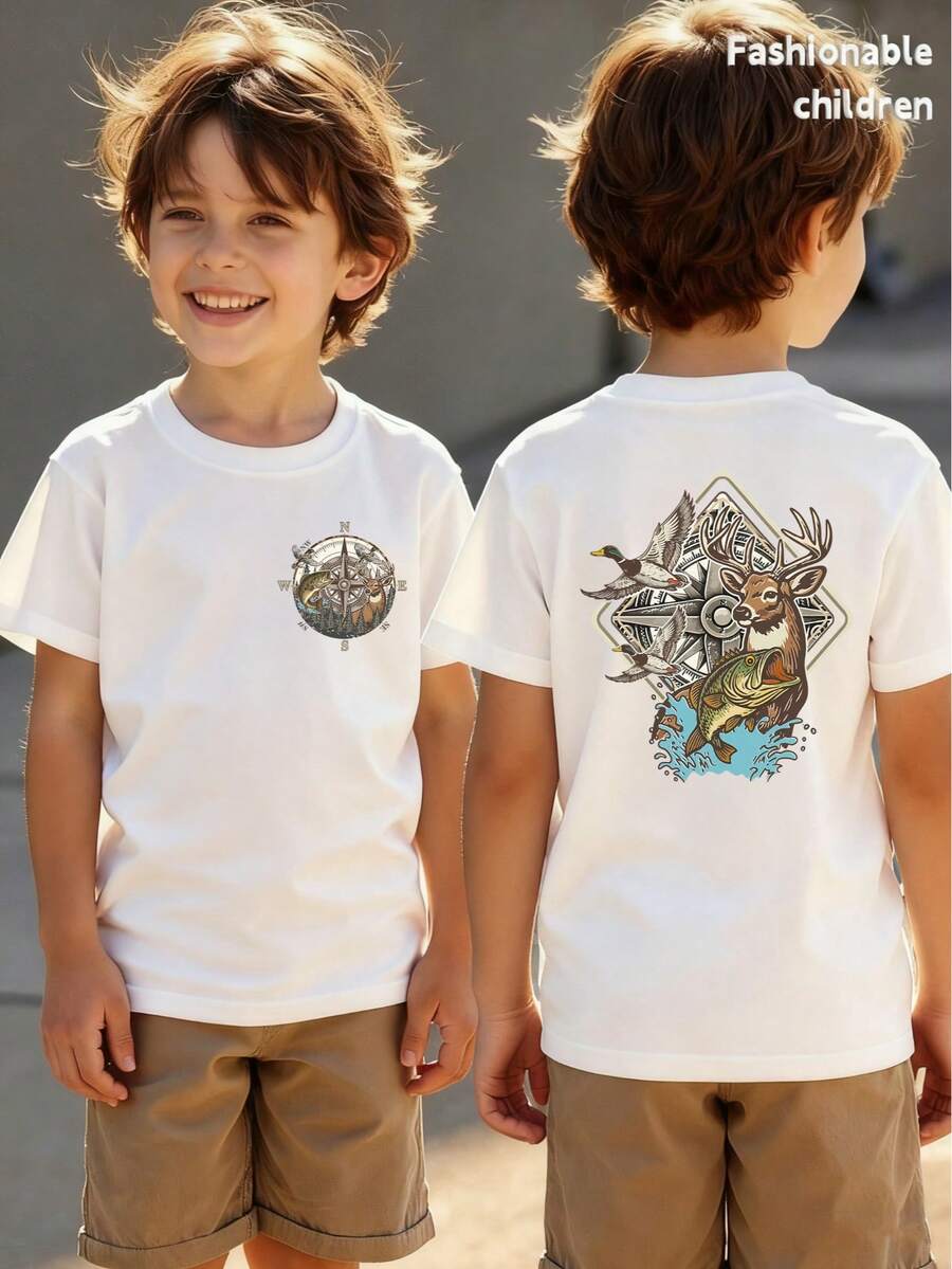Young Boy Outdoor Hunting Printed T-Shirt, Young Boy Short Sleeve T-Shirt, Wild Boy Casual Fashion T-Shirt, Spring And Summer, Machine Washable, Soft And Comfortable Fabric, Breathable, Necessary For Festivals And Daily Trips, Suitable For Fashion Boys Aged 4-7. - 白色 - 查看 1