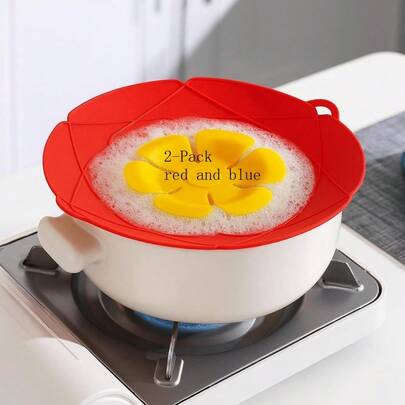 Silicone Boil Over  Set, 2-Pack Spill-Proof Pot Cover With Flower Design, Includes Kitchen Tools.
