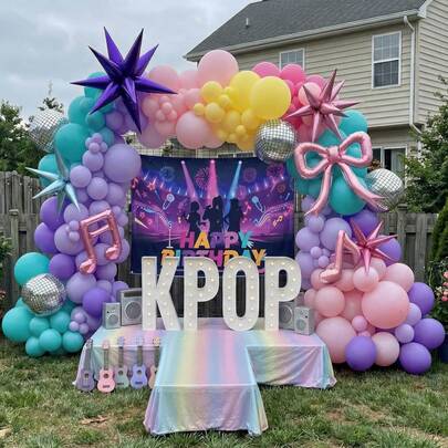 127pcs Music Hunter Kpop-Themed Balloon Arch Set, Includes Disco Star And Exploding Star Foil Balloons, As Well As Latex Balloons In Hot Pink, Pink, Purple, Lilac, Blue, And Yellow. Perfect For Birthday Parties, Prom Decorations, Bachelor/Bachelorette Parties, Disco Parties, And Music Hunter Kpop-Themed Party Supplies.