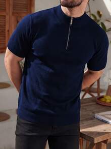 ALTZTAR 男士宽松轻薄半拉链短袖针织衫，简约时尚 - 藏蓝色 - 查看 4