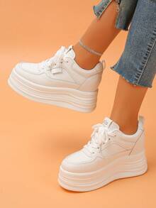 女士厚底运动鞋，纯色户外休闲系带鞋，时尚百搭白色户外增高鞋 - 白色 - 查看 3