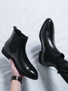 Luxury High-Top PU Slip-On Men's Chelsea Boots, British Style Men's Cowboy Boots, Business Formal Work Shoes, Wedding Shoes, Elegant Red Sole Comfortable Slip-On Boots, Autumn Boots, Spring Shoes, Luxury Pointed Toe Fashion Casual Vintage Men's Loafers, Black Brand Party Ankle Boots, Summer Slip-On Ankle Boots, Men's Shoes For Formal Occasions, Autumn Outfit Boots, Professional Business Formal Boots, British Style Original Designer Shoes, Gentleman Classic High-Top Men's Wedding Shoes, Men's Fashion Comfortable Winter Pointed Toe Oxford Leather Shoes And Motorcycle Boots - Black - View 6