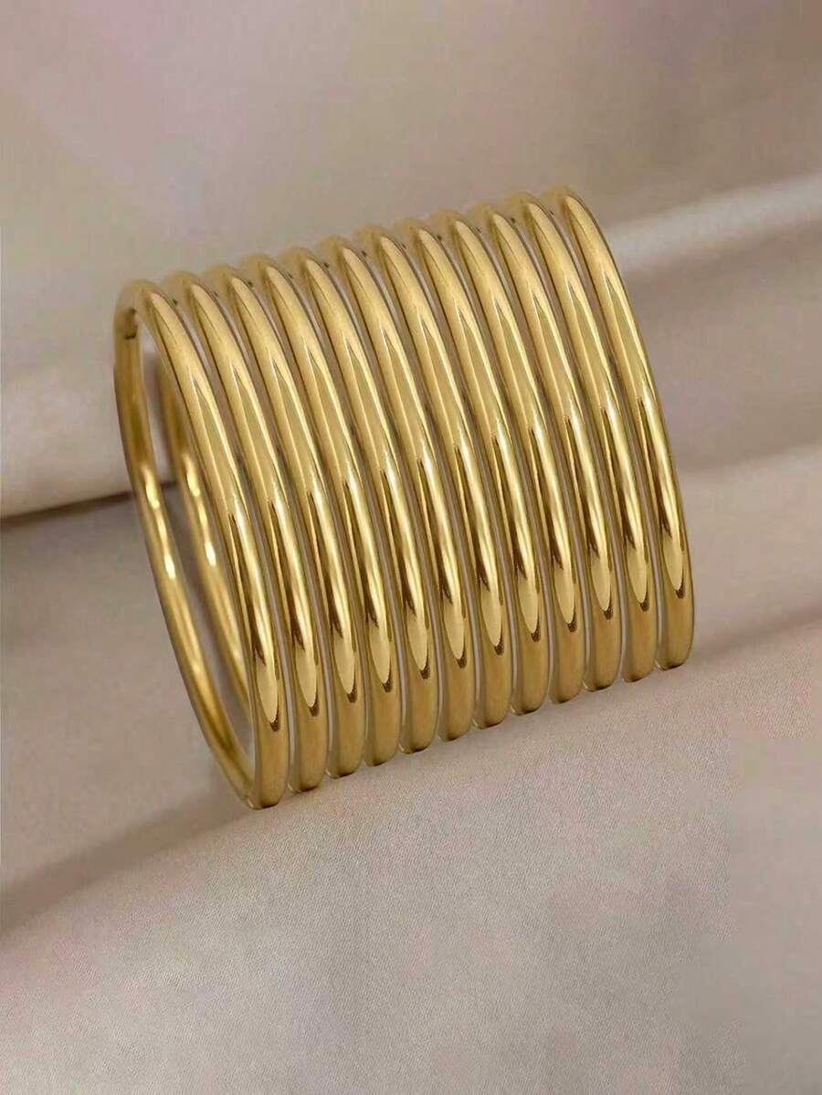 1/3/5/8pcs Minimalist 304 Stainless Steel Solid Bangle Bracelets For Women, 18K Gold Plated, Tarnish Resistant, Stackable - Yellow Gold - View 1
