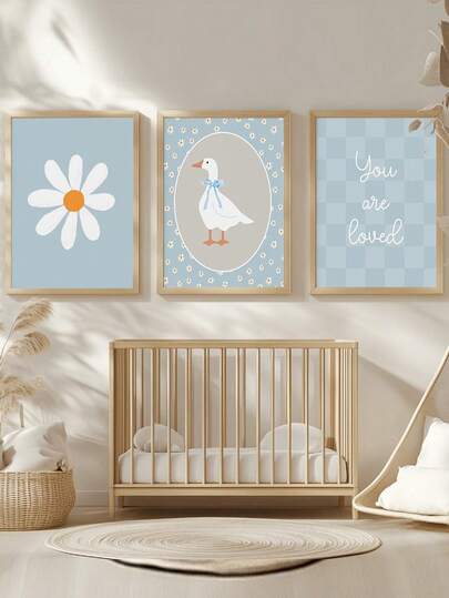 1 件装帆布墙画 - 波西米亚风蓝色儿童房艺术套装：傻鹅、雏菊、“你被爱着”婴儿用品 - 带框婴儿房墙画，非常适合游戏室装饰、婴儿房装饰、托儿所装饰、幼儿园装饰、男孩房装饰、女孩卧室装饰、儿童房装饰