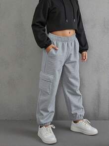 1 pieza Pantalones casuales y de moda para niñas con diseño de múltiples bolsillos para deportes al aire libre, viajes y cómodos con cordón - Gris - Ver 6