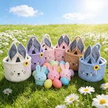 1 pieza Cesta de almacenamiento de peluche con bordado de conejo y oso de peluche, cesta de conejito de Pascua, cesta de almacenamiento de tela, cesta de almacenamiento para decoración del hogar, bolsa para huevos de Pascua, cubeta linda de conejo de Pascua para huevos, cesta de almacenamiento de peluche de conejo de dibujos animados | Diseño bordado, puede almacenar bocadillos, juguetes y cosméticos, adecuado para dormitorio, escritorio y almacenamiento de automóviles, tema de Pascua, decoración de fiesta - Multicolor - Ver 3
