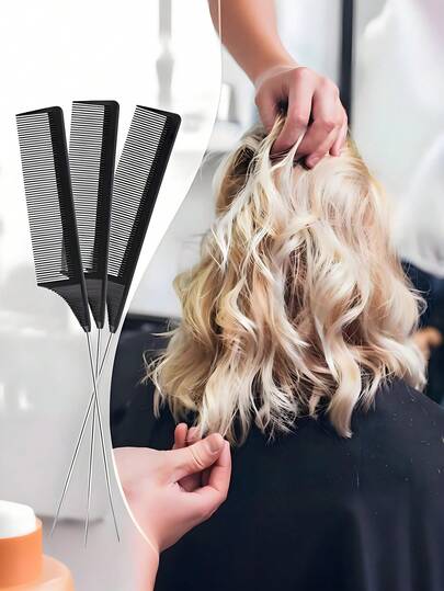 3pcs Plastic Tail Comb Set, Anti-Slip Steel Needle Tip Highlighting Comb, Professional Salon Hair Dye Brush, Heat & Oil Resistant