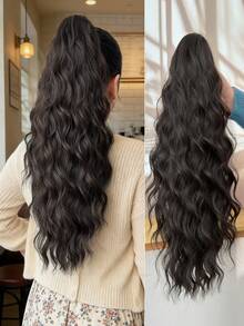 22 Inch Deep Brown Long Wavy Soft Realistic Synthetic Wig, Suitable For Women, With Claw Ponytail Extension - Brown - View 5