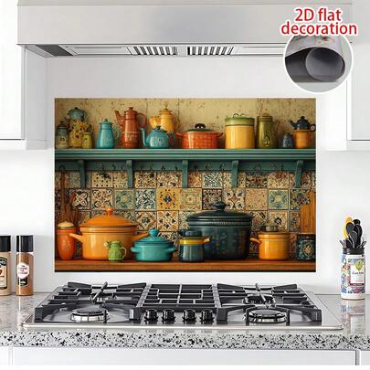 2D Flat, 1pc Large Kitchen Oil-Proof Sticker - Removable Waterproof Sticker With Vivid Kitchen Utensil And Tile Designs, Durable PVC Material, Suitable For Indoor/Outdoor Use, Easy To Apply And Remove, Perfect For Home And Garden Decoration, Kitchen Decoration And Accessories, Interior Decoration, Color Design, Easy To Apply.