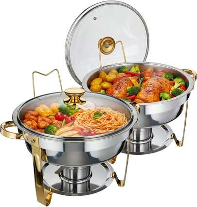 Dragonpad 5QT Round Chafing Dish For Buffet, 2 Pack/4 Pack Stainless Steel Chafing Dish Set With Glass Lids, Food Warmers Sets For Catering Events Parties Dinners, Gold And Silver
