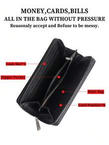 HOVI'S New Minimalist RFID Blocking Zipper Long Wallet, Large Capacity Multi-Function Phone Wallet - Black - View 6