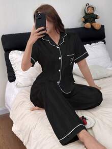 Dreamivo Women's Heart Embroidered Lapel Short Sleeve Top And Pants Pajama Set, Casual Loungewear, Spring/Summer - Black - View 1