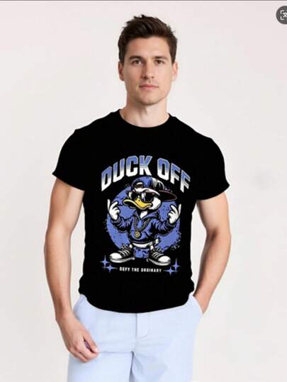 3D Printed Men's Fashionable Short Sleeved Shirt, Digital Printed Cool Duck Pattern, Casual Round Neck Short Sleeved Shirt, Machine Washable, Suitable For Daily Dressing And Outdoor Sports