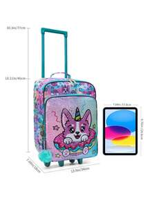 BLING BABIES Children's Suitcase, With Wheels, Sequin Material, Double Green Cute Puppy Pattern, With Glow-In-The-Dark Function, Elementary School Carry-On Suitcase, Suitable For Weekend Vacation, Travel - Green - View 5