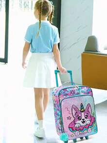 BLING BABIES Children's Suitcase, With Wheels, Sequin Material, Double Green Cute Puppy Pattern, With Glow-In-The-Dark Function, Elementary School Carry-On Suitcase, Suitable For Weekend Vacation, Travel - Green - View 8