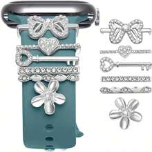 6 piezas Anillos decorativos para bandas, accesorios de moda con diseños de corazón, lazo y flor que se ajustan a las bandas de smartwatch - Plateado - Ver 1