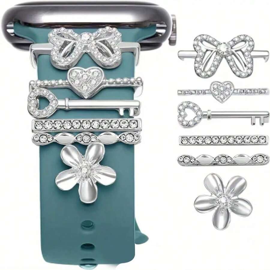 6 piezas Anillos decorativos para bandas, accesorios de moda con diseños de corazón, lazo y flor que se ajustan a las bandas de smartwatch - Plateado - Ver 1