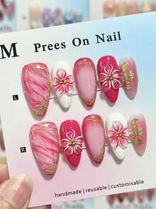 10pcs Peach Pink Embossed Almond Shaped Tie Dye Handmade Fake Nails - Hot Pink - View 2