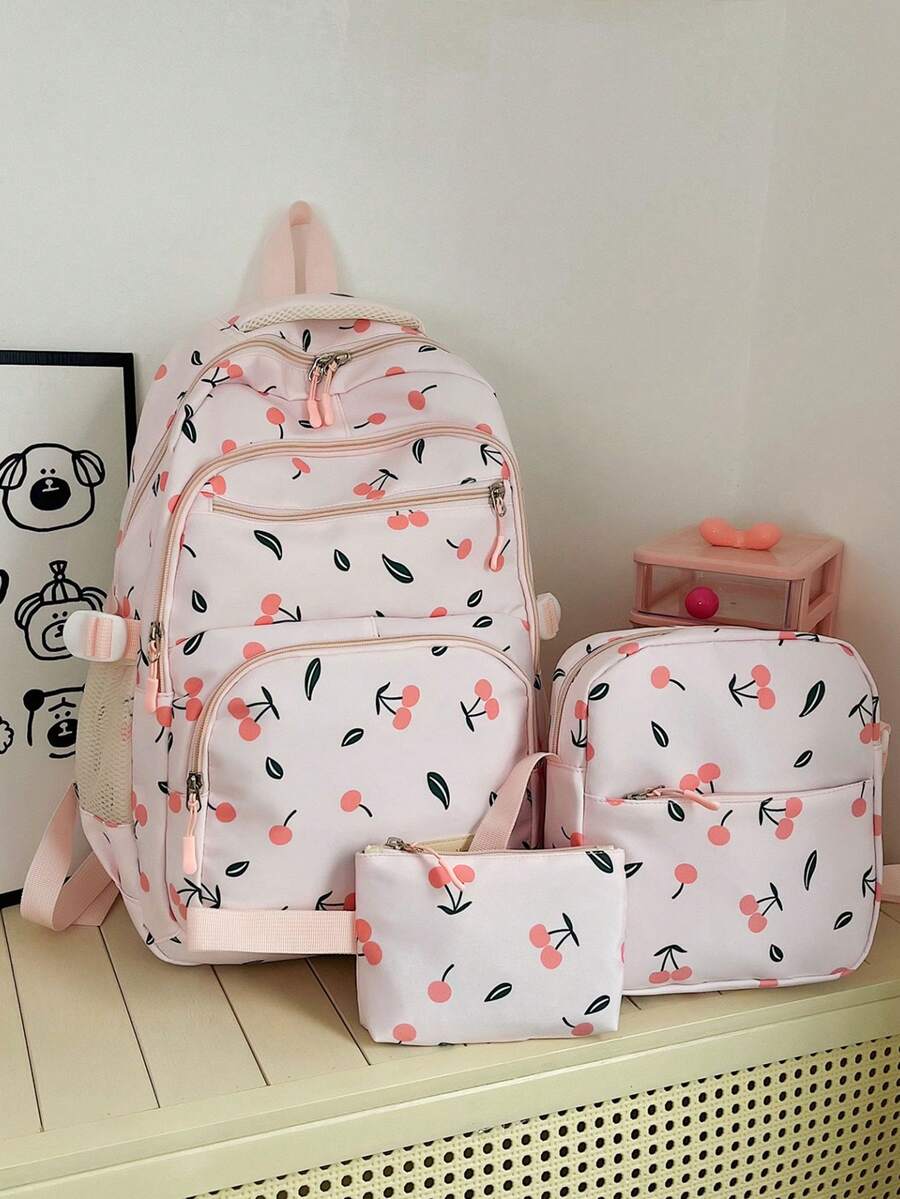 Set de 3 piezas de estilo escolar casual con estampado de cereza, que incluye mochila, bolso bandolera y estuche para lápices, con compartimento para portátil, correas ajustables, mochila de gran capacidad y múltiples bolsillos para uso escolar/diario/vacaciones/viajes/vuelta al cole, adecuado para mujeres/niñas/adolescentes/estudiantes universitarios/graduados - Rosa - Ver 1