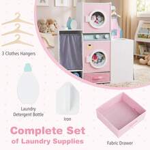 Wooden Kids Laundry Playset Pretend Toy Washing Machine W/ Clothes Hangers - Pink - View 8