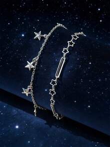 1条多层金属星星、太阳、月亮手工链条珍珠手链，适合女士日常佩戴 - 鏤空鋯石星星銀色 - 查看 3
