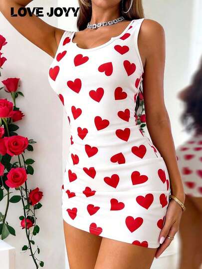 Vestido ajustado sin mangas con estampado de corazón rojo, falda mini blanca de LOVE JOYY, adecuado para citas de San Valentín, fiestas o uso casual de verano