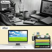 GALASALA Organizador de Escritorio de 5 niveles con Cajones Bandeja Organizador de Papel con 1 Archivador Vertical Adicional y Portalápices para Suministros Oficina y Hogar Negro - negro 4 - Ver 6