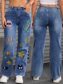 Plus-Size Women's Light Blue Cartoon Embroidered High-Waist Flared Jeans, Fun Cartoon Embroidery, Autumn And Winter Cartoon Prints, High-Waist Slimming, Fun Star Cat Patterns, Casual Star Cat Print Clean Pants - 中等水洗藍 - 查看 5