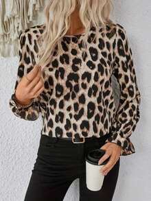 Woman Leopard Print Blouse With Back Bow – Stylish Long Sleeve Satin Top For Casual Chic, Office & Dinner Looks - Multicolor - View 3