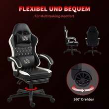 Gaming Chair With Footrest, Computer Chair With Headrest And Cushion, Upholstered In Synthetic Leather, Swivel, Height Adjustable, Metal, Plastic, Black And White. - Black - View 5