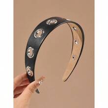 1pc Fashionable Punk Style Brown Faux Leather Metal Hollow Headband, Versatile Accessory - Black - View 6
