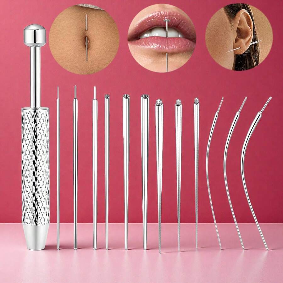 Bộ dụng cụ chuyên nghiệp để gắn khuyên tai, mũi, môi - Kích thước 14G 16G 18G, chất liệu thép không gỉ, đầu phẳng, kim gắn không ren và bộ kẹp bi có ren. - màu thép - Xem 1