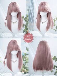 alicegarden 1 Synthetic Heat-Resistant Straight Wig, Pink Wig With Bangs, 22 Feet Long, Fully Woven Daily Natural And Realistic Wig - Watermelon Pink - View 8