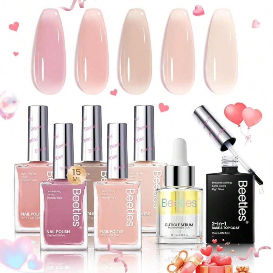 Beetles Pink Nail Polish Set, 5 Colors Nude Pink Jelly Collection Quick Dry Long Lasting Nail Polish Base &Amp; Top Coat And Cuticle Serum Kit Spring DIY Care For Nail Home Gift Sets For Women - 酒紅色 - 查看 1