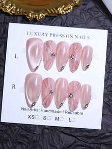 10片装奢华粉色猫眼手工美甲贴纸 - 金色闪粉和水钻装饰法式假指甲 | 可重复使用的沙龙级美甲套装（女士款） - 粉色 - 查看 4