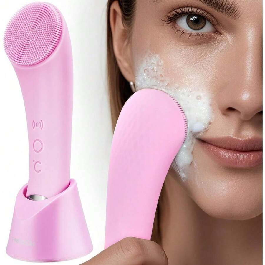 Unisex Pink Rechargeable Silicone Facial Cleansing Brush With Heat Massage End Vibrating Exfoliator Waterproof Face Scrubber For Deep Cleaning Women Men Daily Skincare Tools - 粉色 - 查看 1