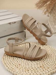 1 Pair Retro Girls' Open Toe Sandals, New Summer Fashion Breathable Slip-On Beach Shoes, Soft Non-Slip Sole - Grey - View 2