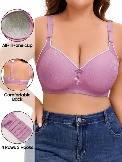 1pc Plus Size Women High Support Seamless Bowknot Wireless Bra, Sexy & Comfortable For Home Wear