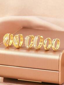 6pcs Luxury Copper Inlaid Zirconia Clover & Geometric Hollow Earring Set, 18K Gold Plated Shiny Geometric Earrings For Women, Party Gift - Gold - View 12