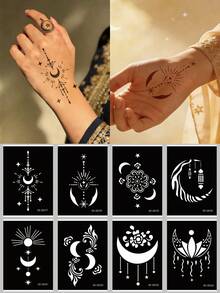 Juego de 8 plantillas de tatuajes temporales con patrones de estrellas, lunas y flores - Textura hueca delicada, reutilizables, aptos para tatuajes personalizados DIY, fiestas y decoración corporal diaria, fáciles de crear efectos de tatuaje únicos y exquisitos - Negro - Ver 13