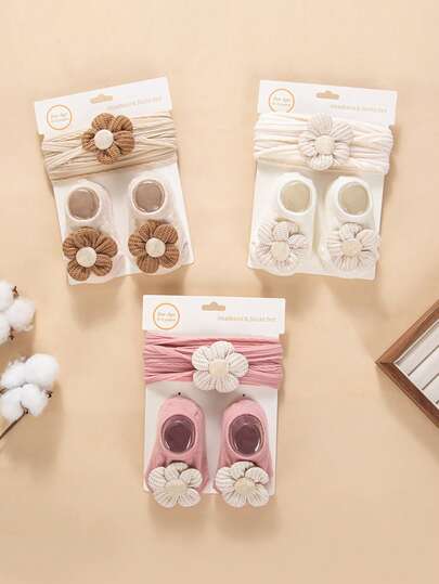 3pcs/Set Infant Beige Sunflower Nylon Headband & Solid Color Anti-Slip Soft Socks, Cute Baby Accessories